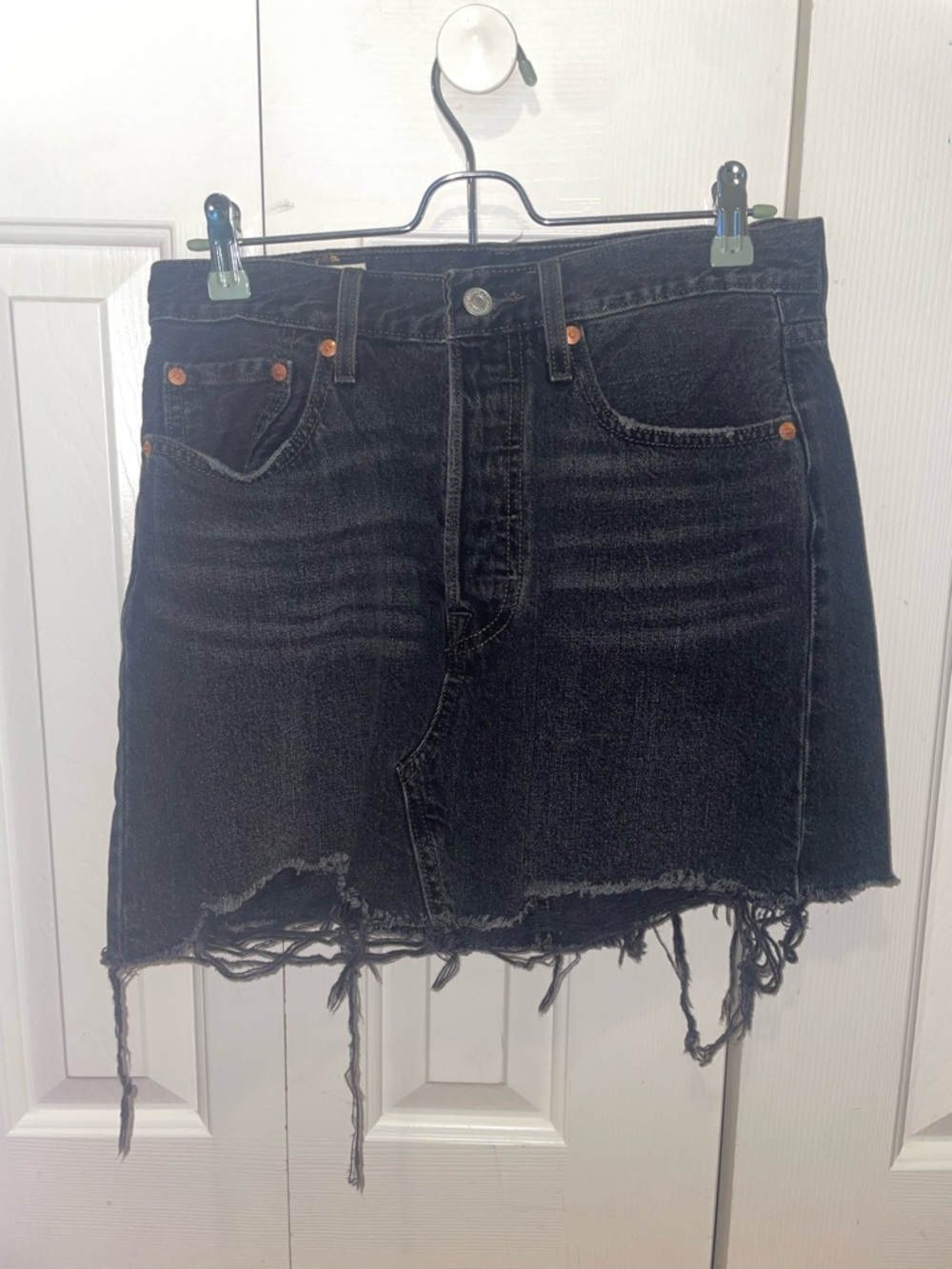 Levi's Black Distressed Raw-Hem Denim Mini Skirt